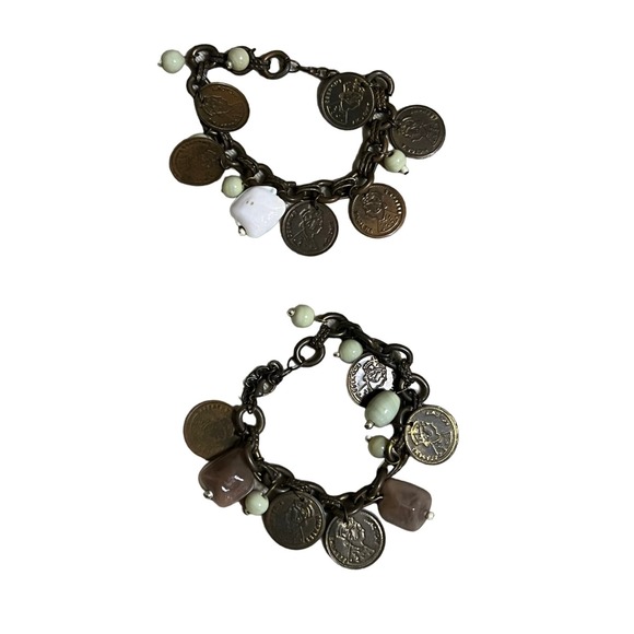 Vintage Set of 2 coin and bead‎ dangle bracelets copper brass gold tones - Picture 1 of 4